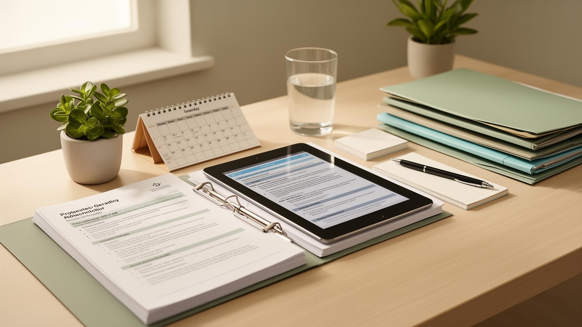 Coordinator workspace with tablet, calendar and study folder