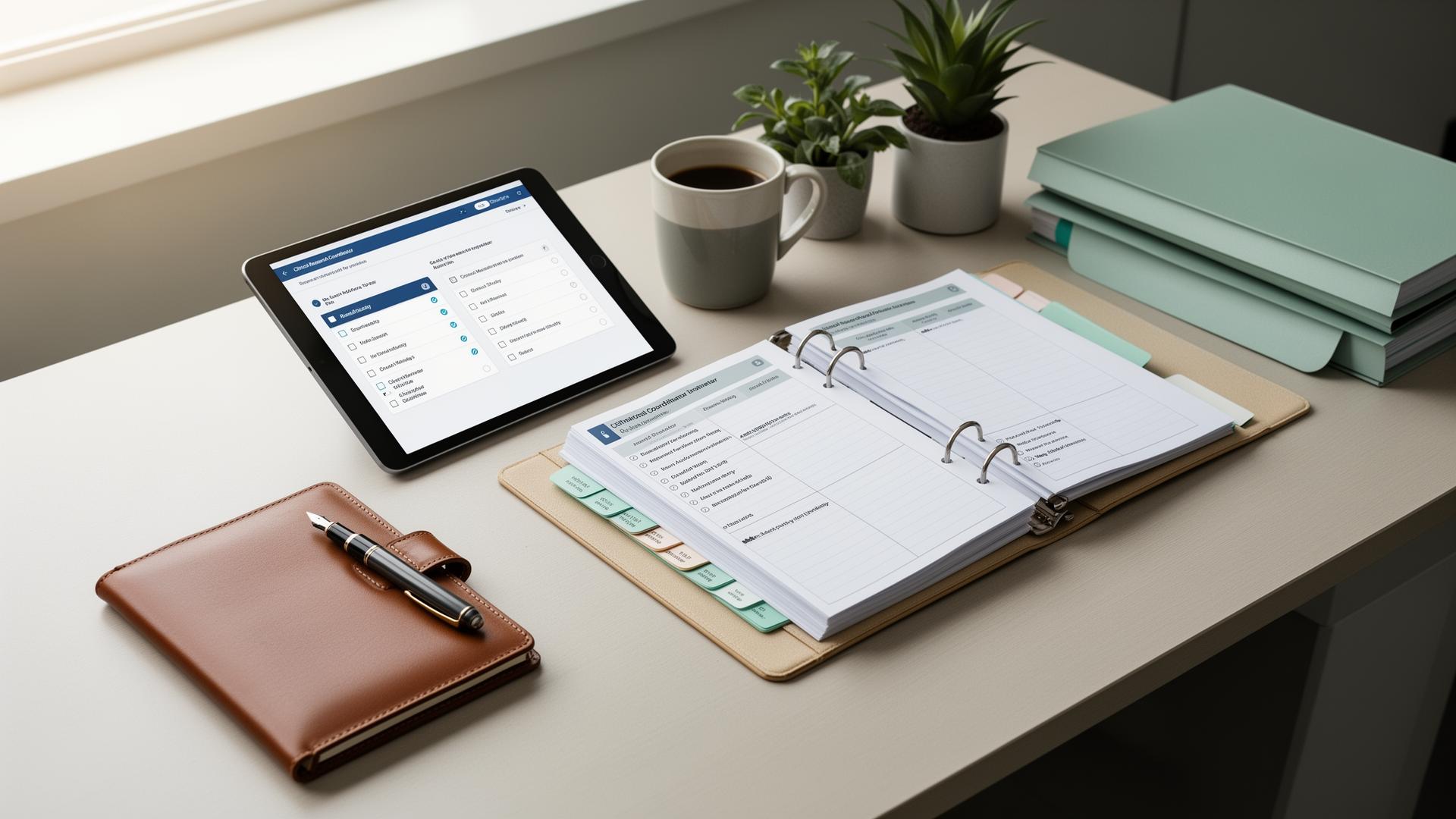 Clinical research desk with tablet, study binder and notepad
